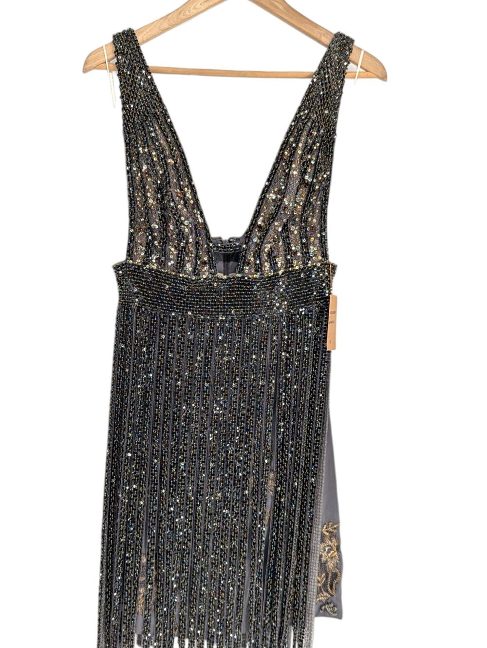 Mandalay Gunmetal Beaded Fringe Cocktail Dress Size 8